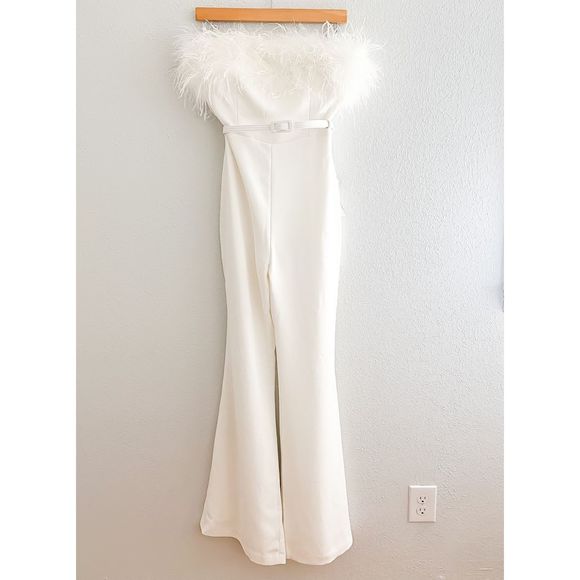 Nadine Merabi Jumpsuit White Colette Strapless Feathers New Size Small 6 - Picture 5 of 15
